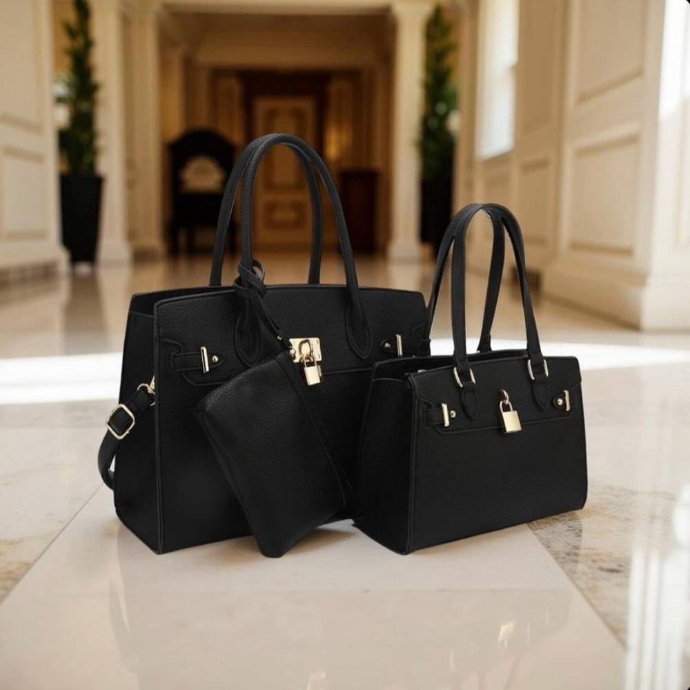 3-Piece Vegan Leather Handbag Set, Classic black Bag with Crossbody Bag& Wallet - Picture 5 of 5
